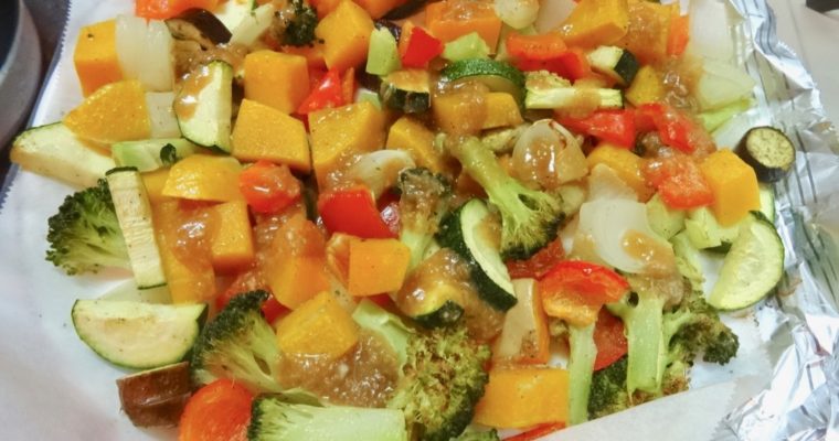 Roasted vegetables with garlic miso sauce